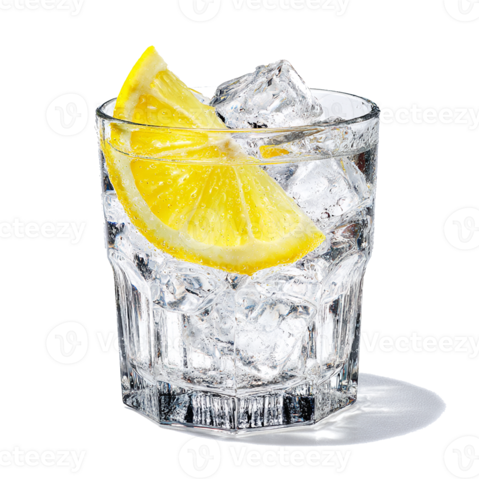 A glass of ice water with a lemon slice png