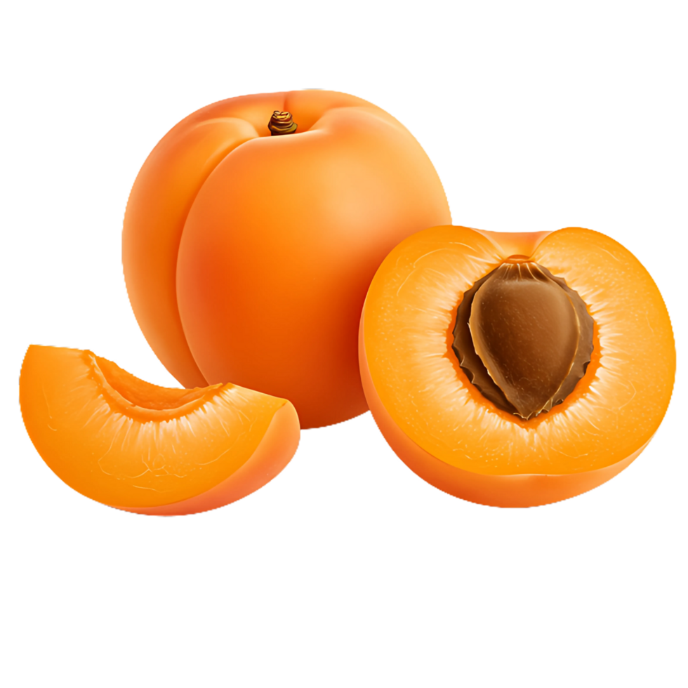 Fresh apricots are displayed with a half cut and a slice, showcasing juicy fruit. png