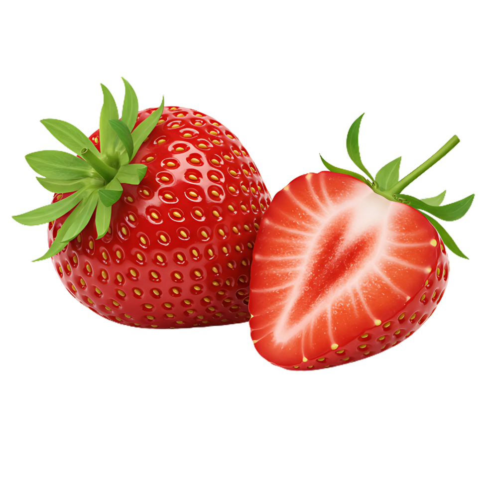 Fresh strawberries are showcased, one whole and one sliced, revealing juicy red flesh. png