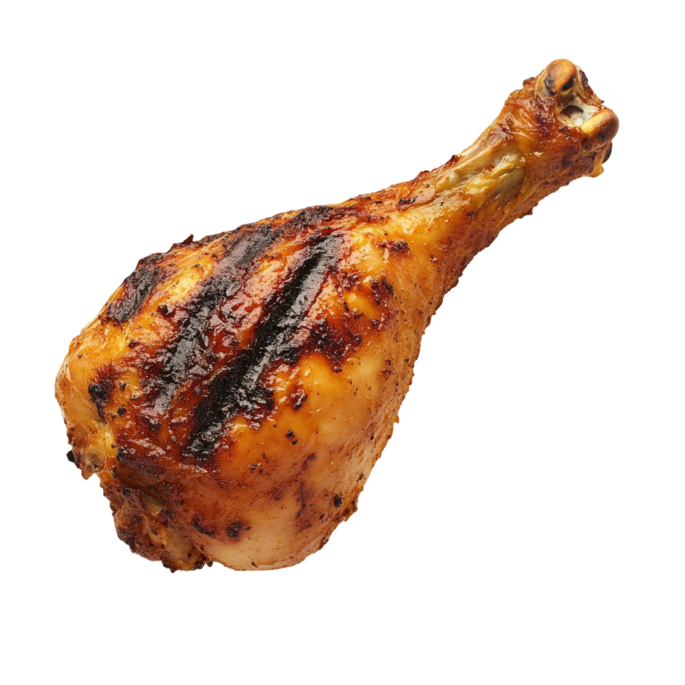 A golden brown grilled chicken leg with crispy skin, png