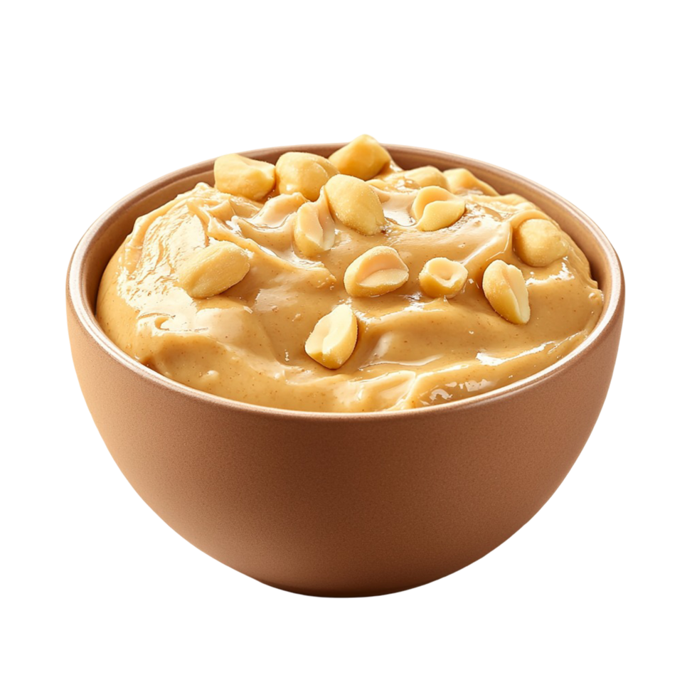 A bowl of creamy peanut butter with scattered peanuts, png