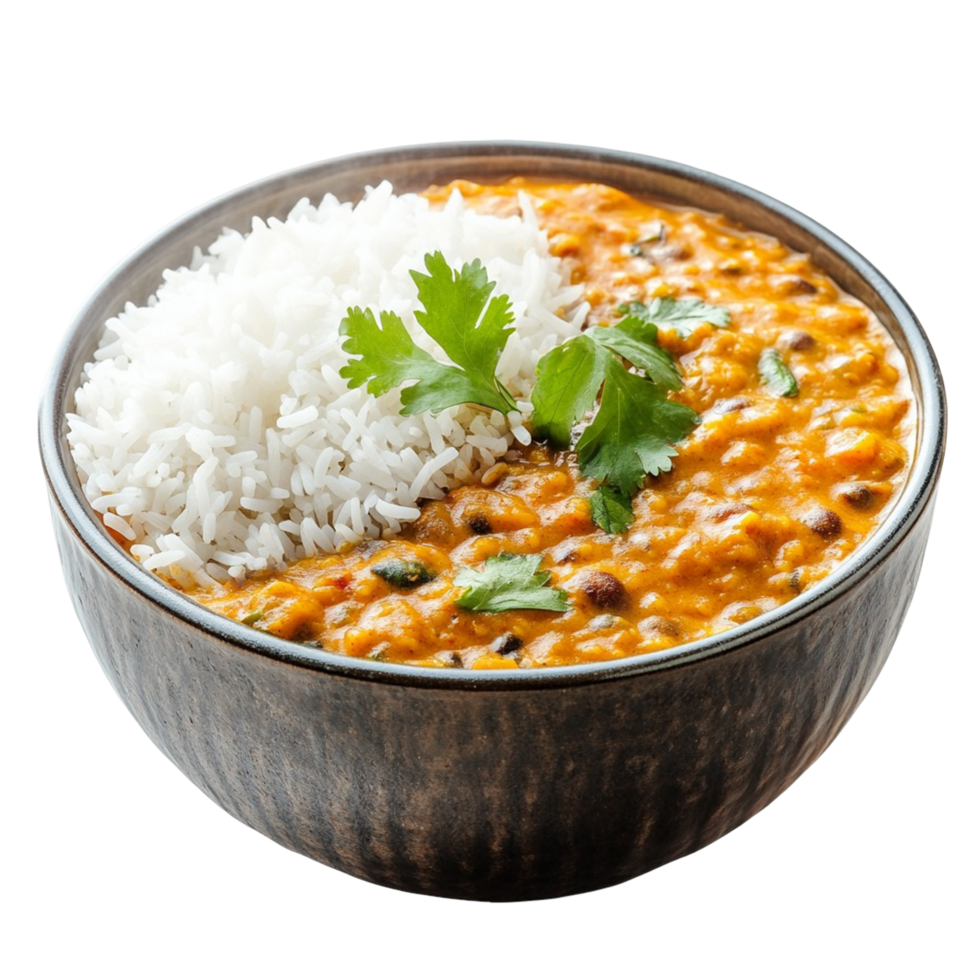 A bowl of steaming basmati rice served with rich and creamy dal curry png