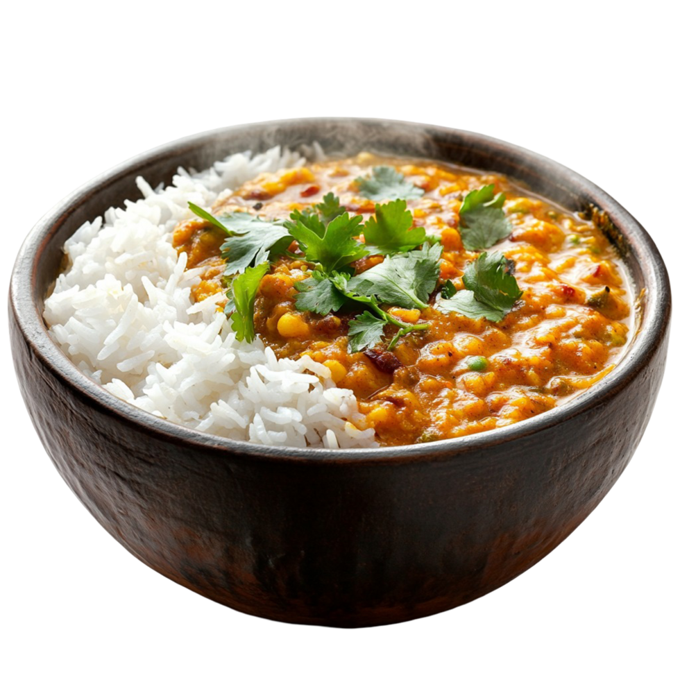 A bowl of steaming basmati rice served with rich and creamy dal curry. png