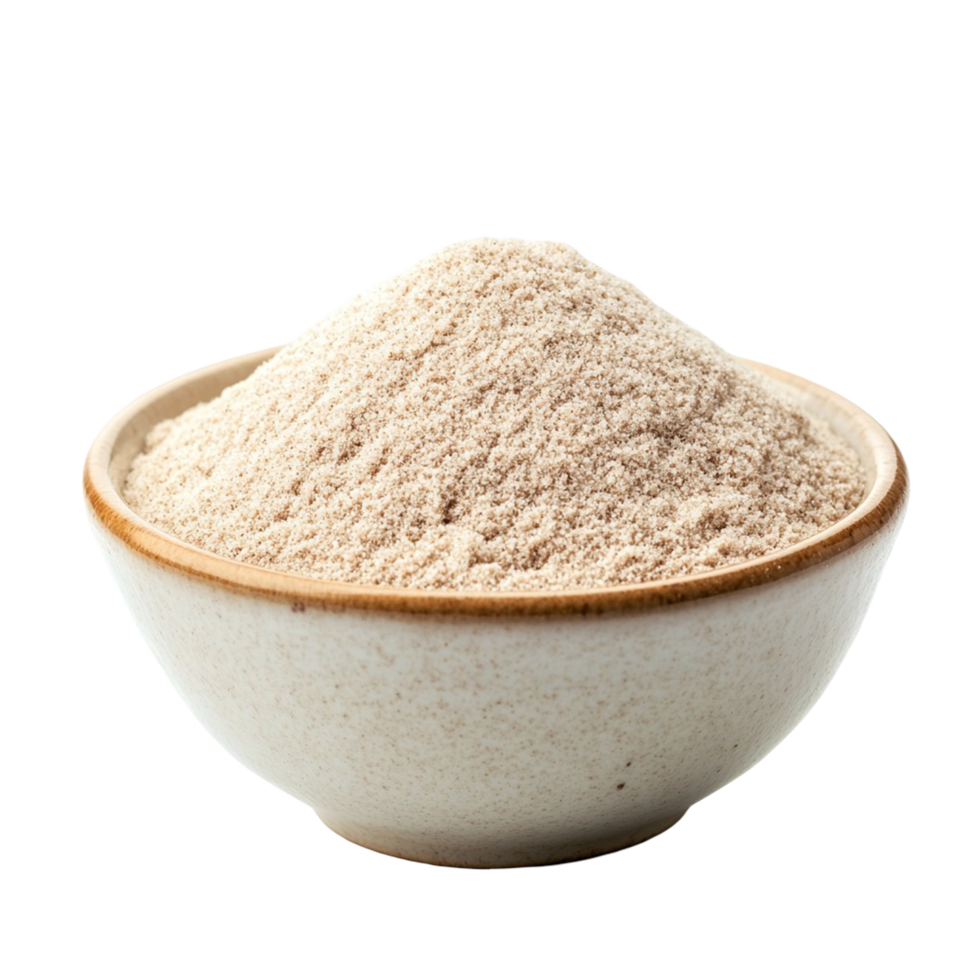 A bowl of fine, high fiber psyllium powder neatly arranged, png