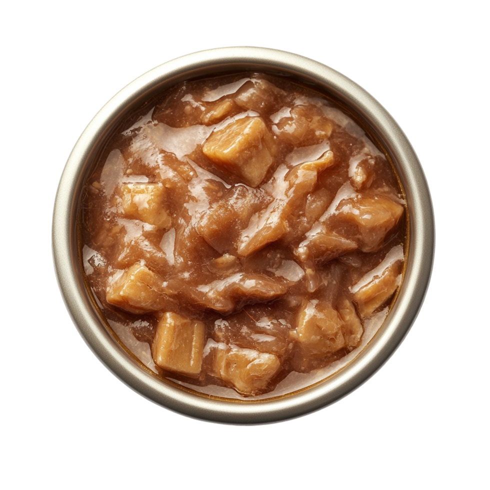 A bowl of wet pet food rich in texture and color, png