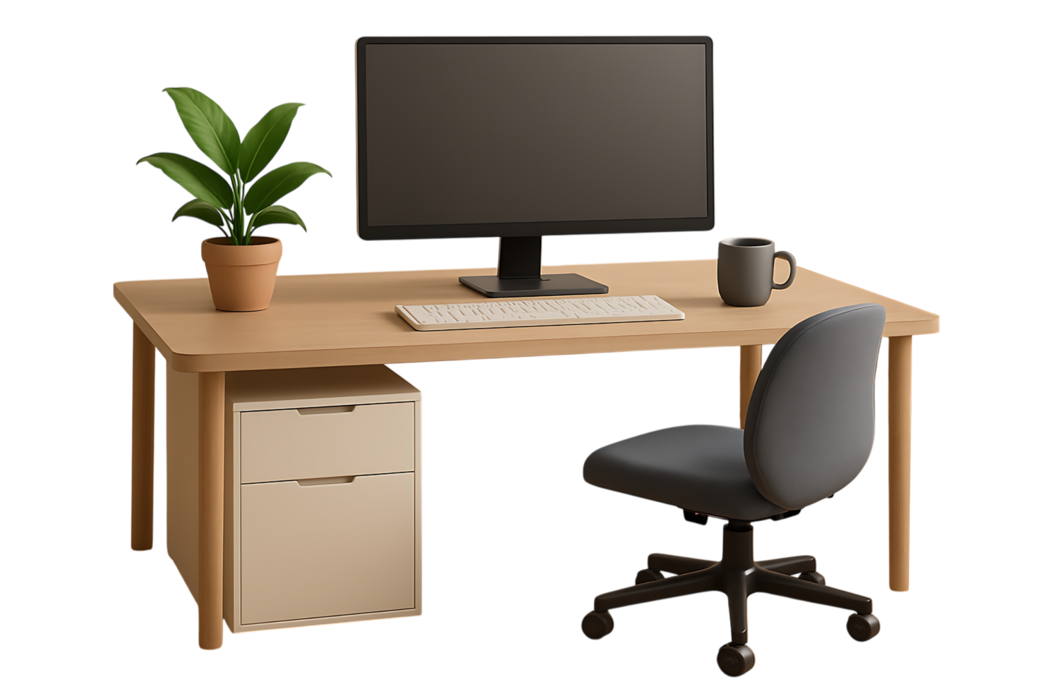 Wooden desk with computer plant and chair isolated on a transparent background office png