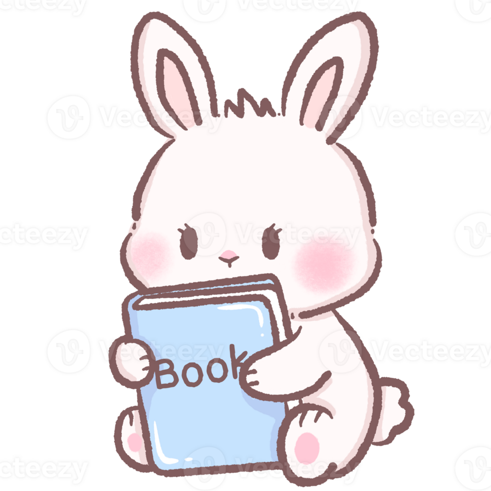Cute cartoon bunny student hugging a blue book white rabbit character learning education theme perfect for kids school illustrations png
