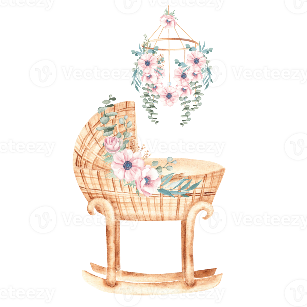 Baby shower composition. Watercolor illustration of Baby Girl cradle from rattan with Mobile, hanging toy decorated with anemone bouquet. For newborn greeting or birthday cards, baby shower png