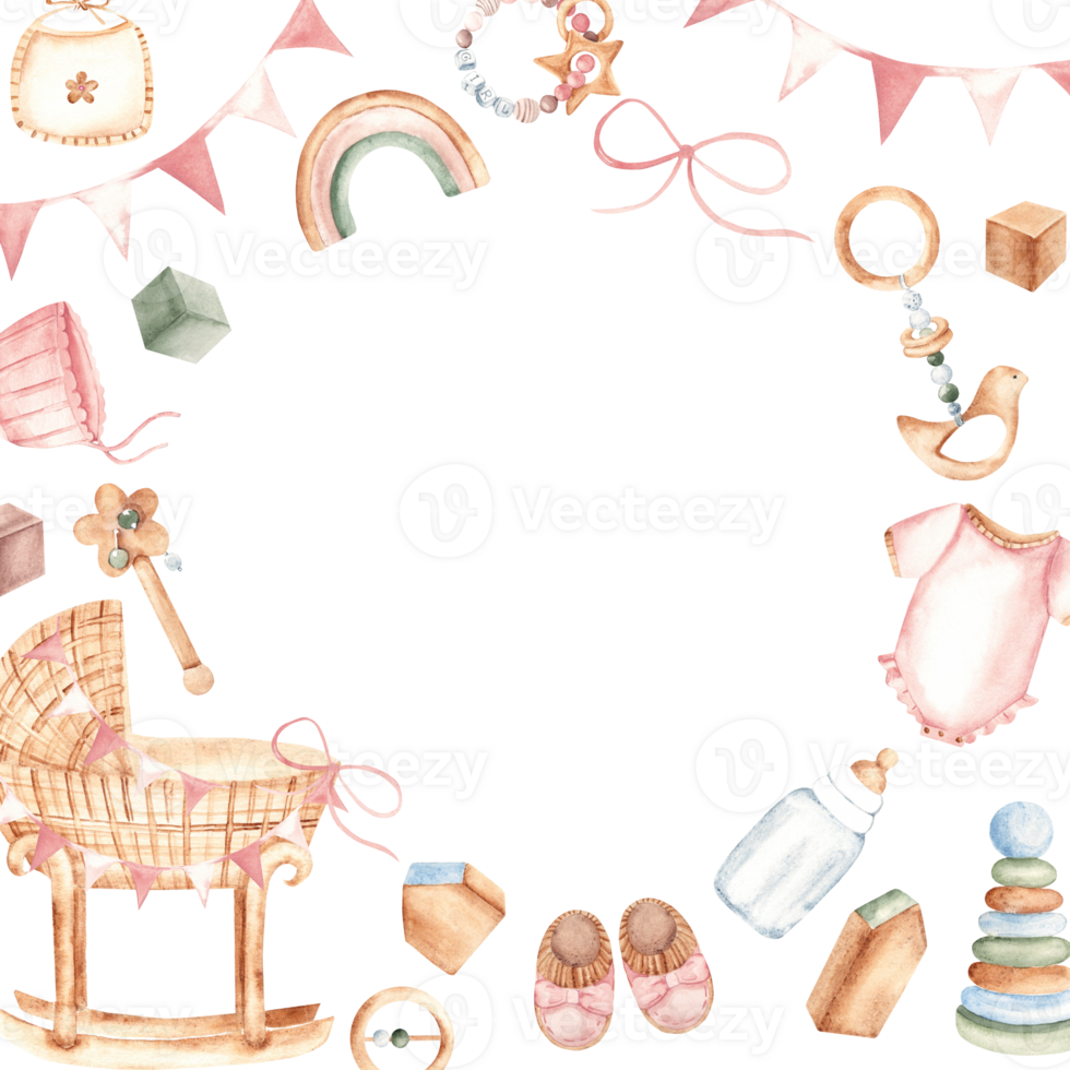 Baby girl Frame with Toys, clothes and cradle. Baby Shower border. Hand drawn watercolor illustration in pastel colors. For newborn greeting cards, invitations, gender reveal party. png