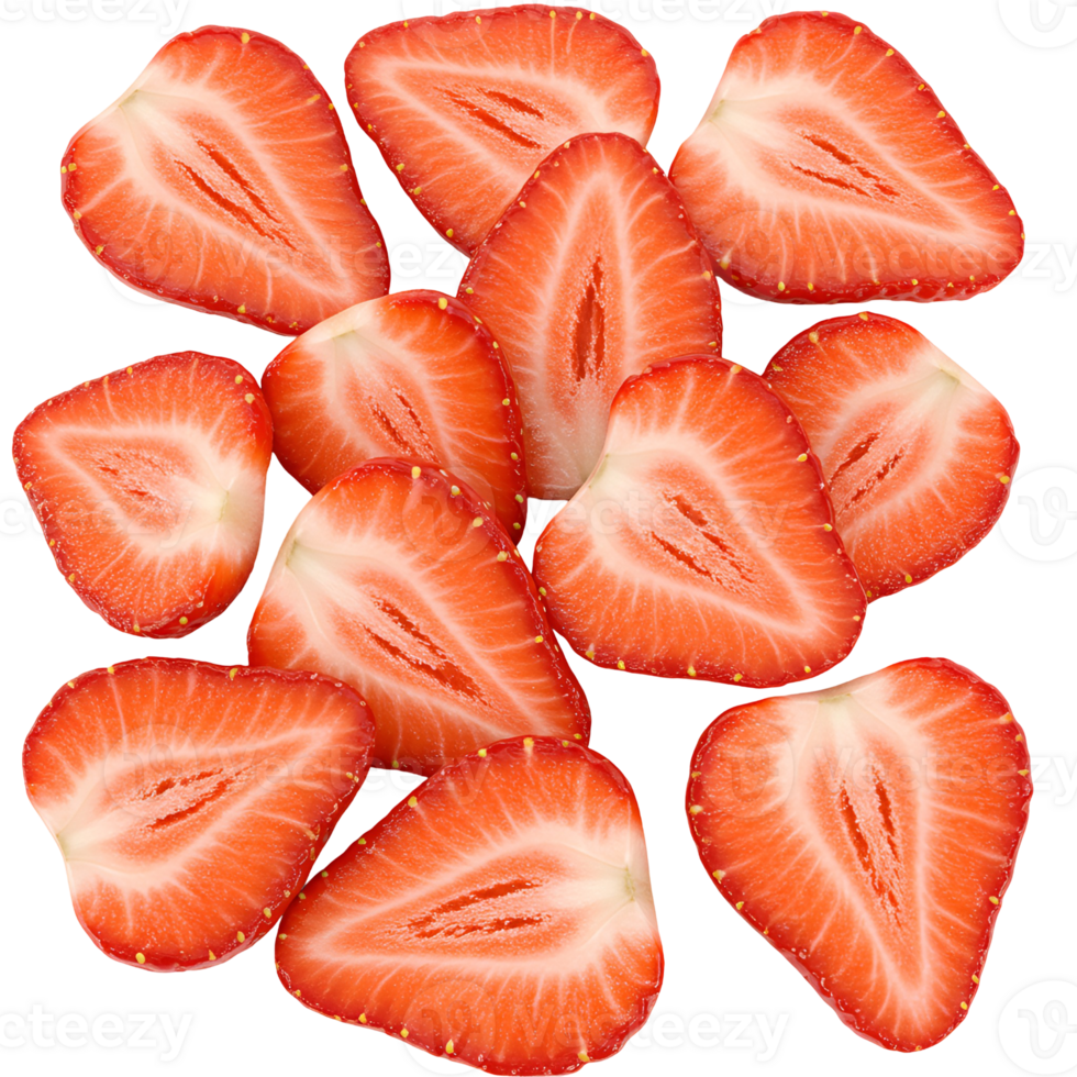 A collection of halved strawberries displayed on transparent background png