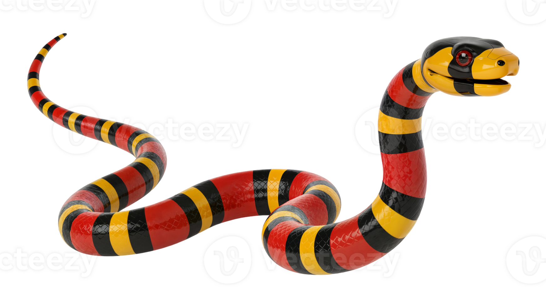 A colorful snake with red yellow and black stripes png