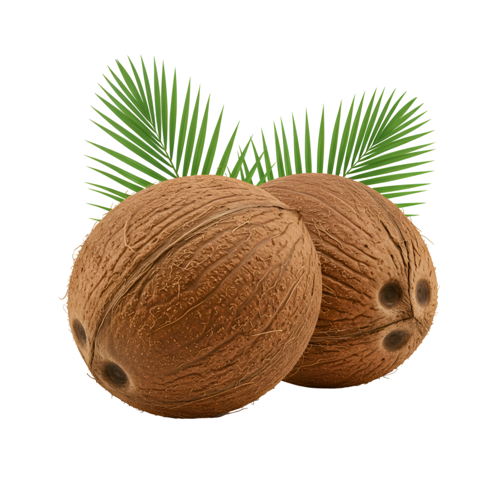 Two coconuts with palm leaves on a white in a studio shot showcasing texture and detail on transparent background png