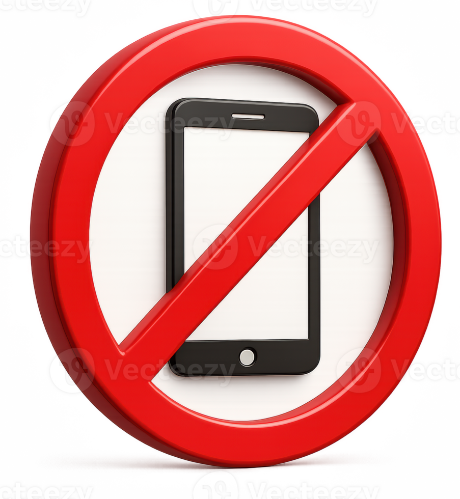No Mobile Phone Sign Illustration - 3D Prohibition Symbol Over Smartphone, Digital Device Ban Icon for Restricted Area, Silent Zone, School, Theater, Hospital, and Workplace Policy Design png
