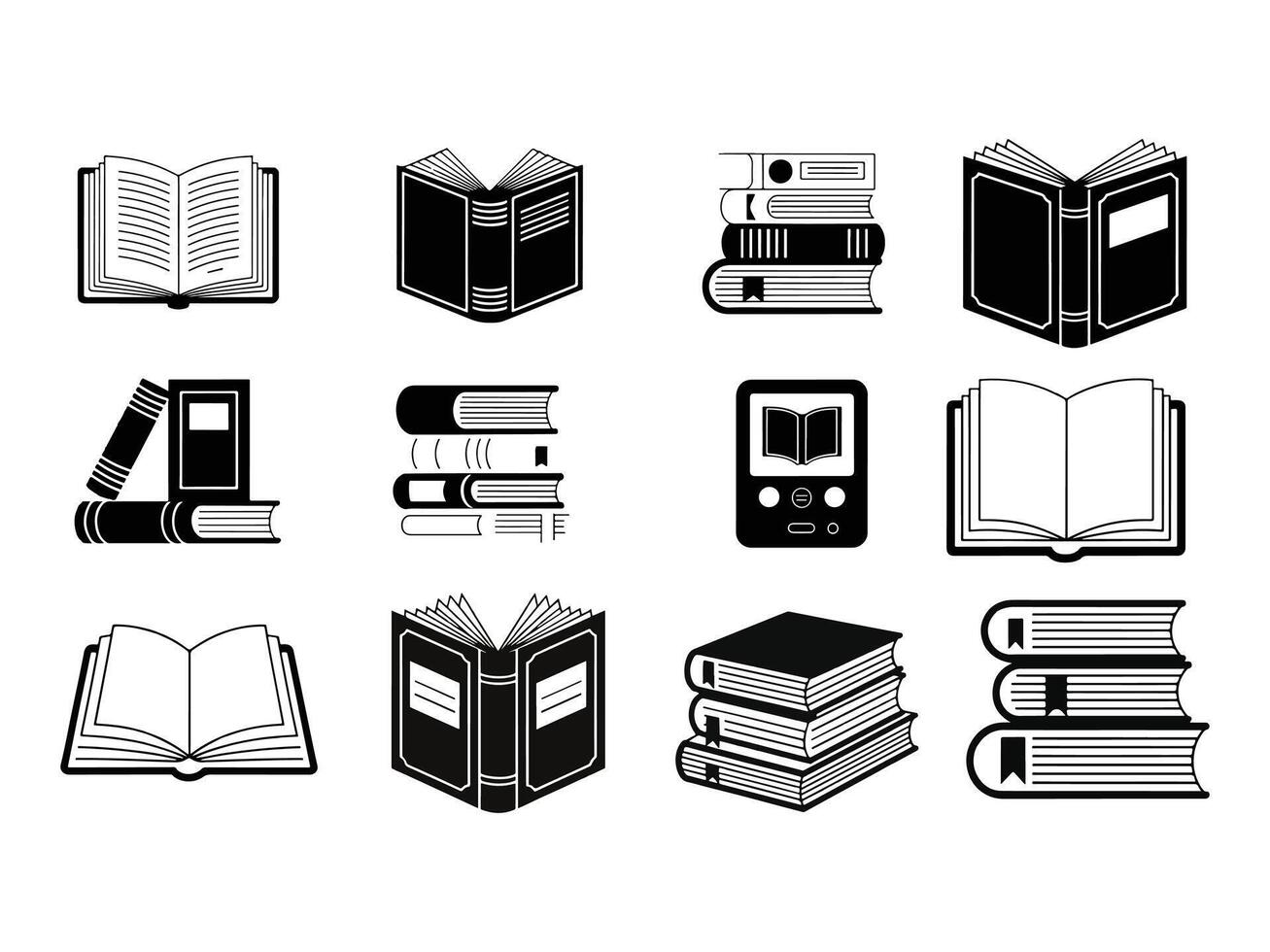 Black and White Book Icon Set Open, Closed, and Stack Book Symbols, Set of Books icons. vector