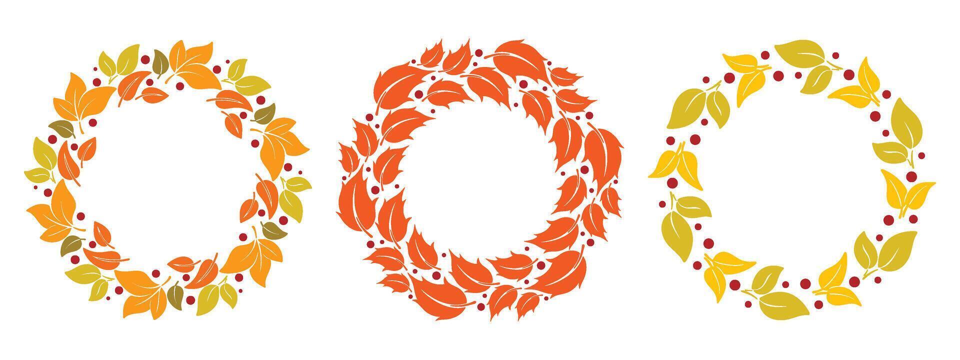 Yellow, orange, brown, red leaves create round autumn wreaths vector