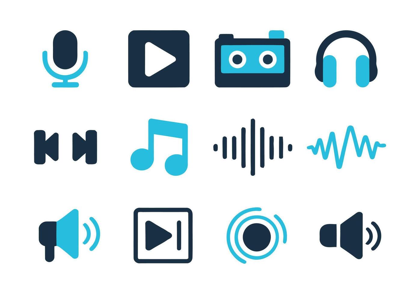 Music and media icons collection features microphone, headphones, volume control, and playlist features vector