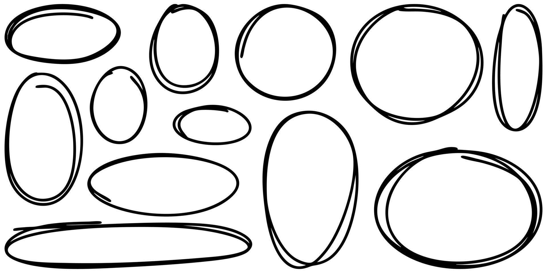 Collection of hand drawn oval and circle sketches in black ink. Doodle style shapes with imperfect, organic lines, perfect for highlighting, annotation, design elements, or infographic use. vector
