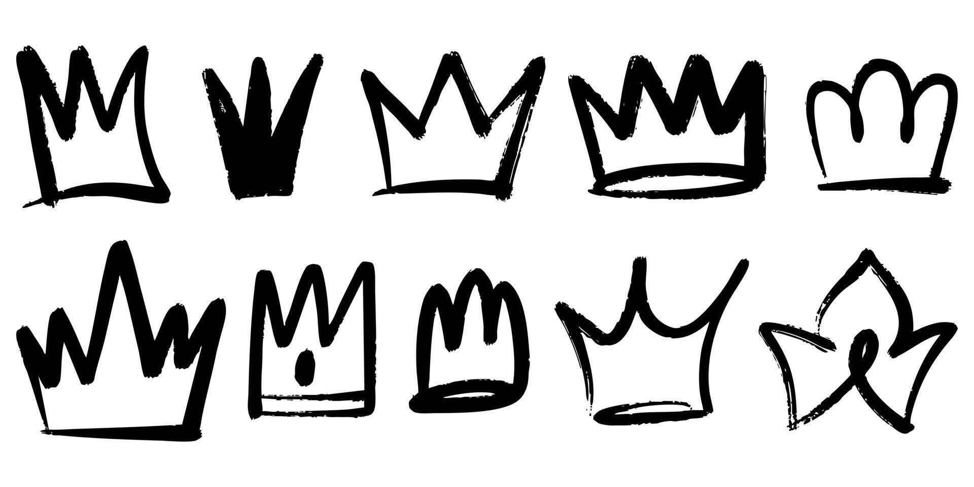 Set of hand drawn crown doodles in black ink on white background. Unique grunge style sketch icons representing royalty, power, leadership, and creativity. vector
