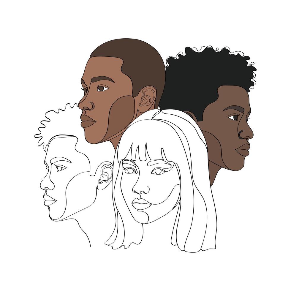 Diverse group of peoples faces in profile isolated on white background vector