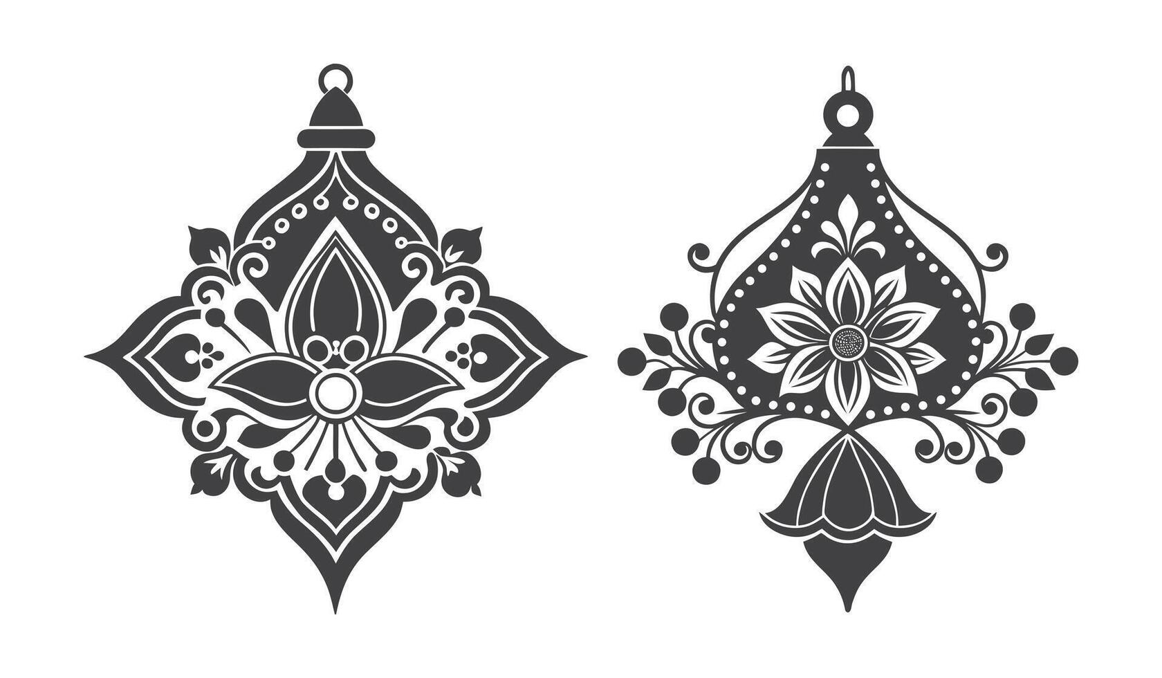 Intricate ornamental patterned designs featuring a detailed silhouette isolated on white background vector