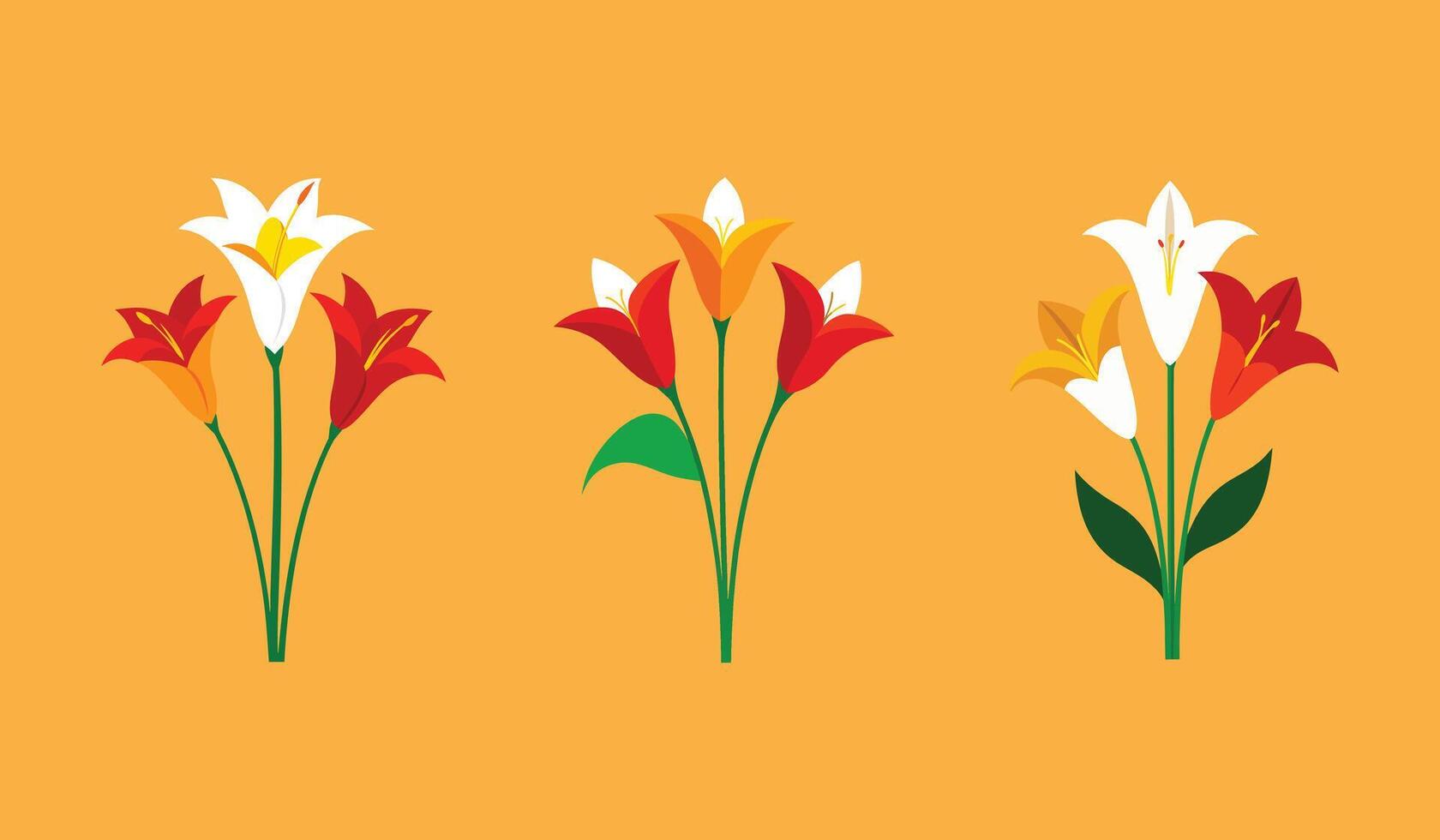 Three stylized floral arrangements featuring white red and orange lily blooms on an orange background vector