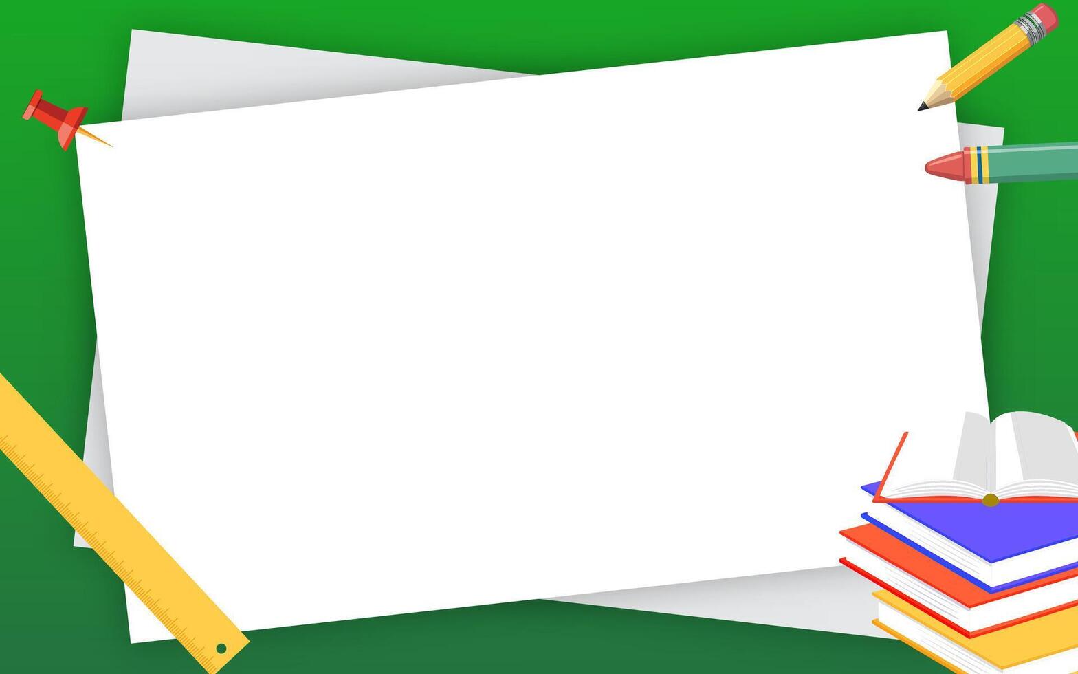 green Back to school background with illustrations of books, pins, pencils, crayons, rulers vector