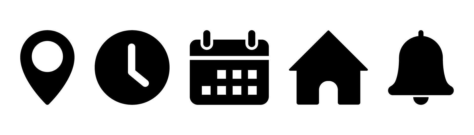 Time, date, and address icon set. Event calendar reminder clock business schedule signs, location pin symbol, place pointer time map elements isolated on transparent. illustration. vector
