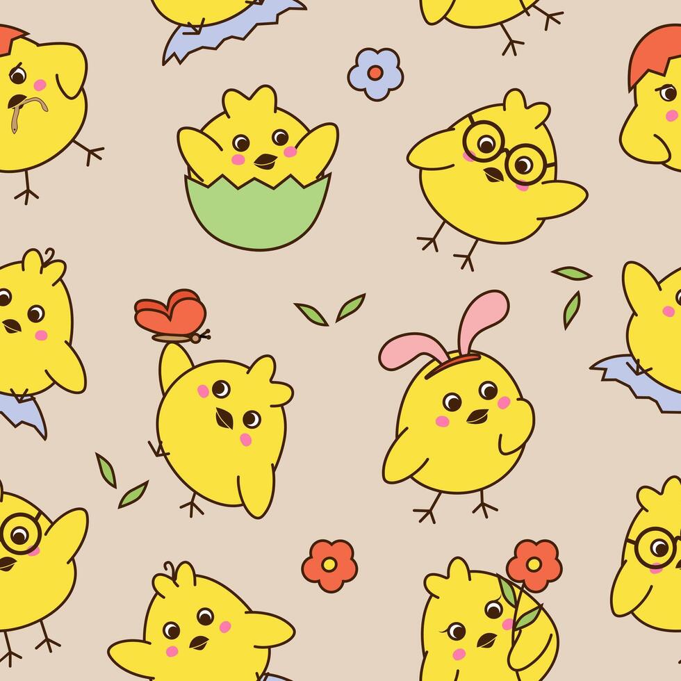 Seamless pattern with cute little chickens on beige background. vector