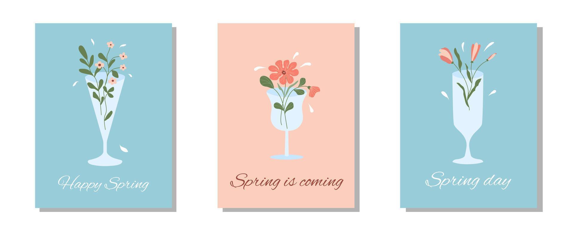 Abstract spring flowers in champagne, wine drinking glass. Set of spring flower drink. Element for design of poster, social media, banners, invitation. Trendy spring card template. vector