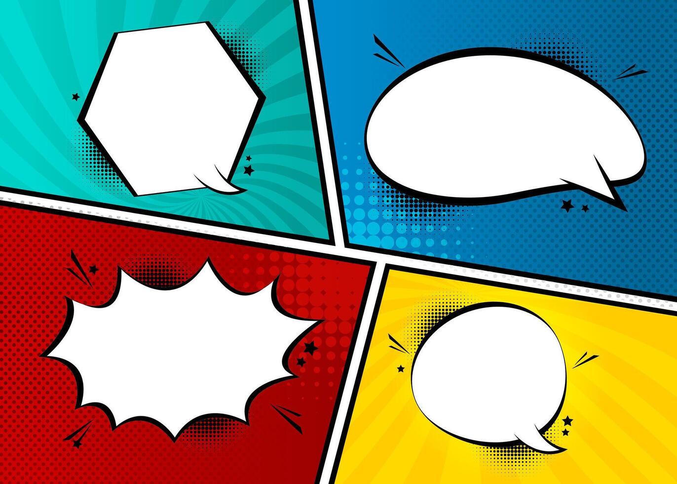 Colorful comic book layout with empty speech and thought bubbles on a retro pop art background vector