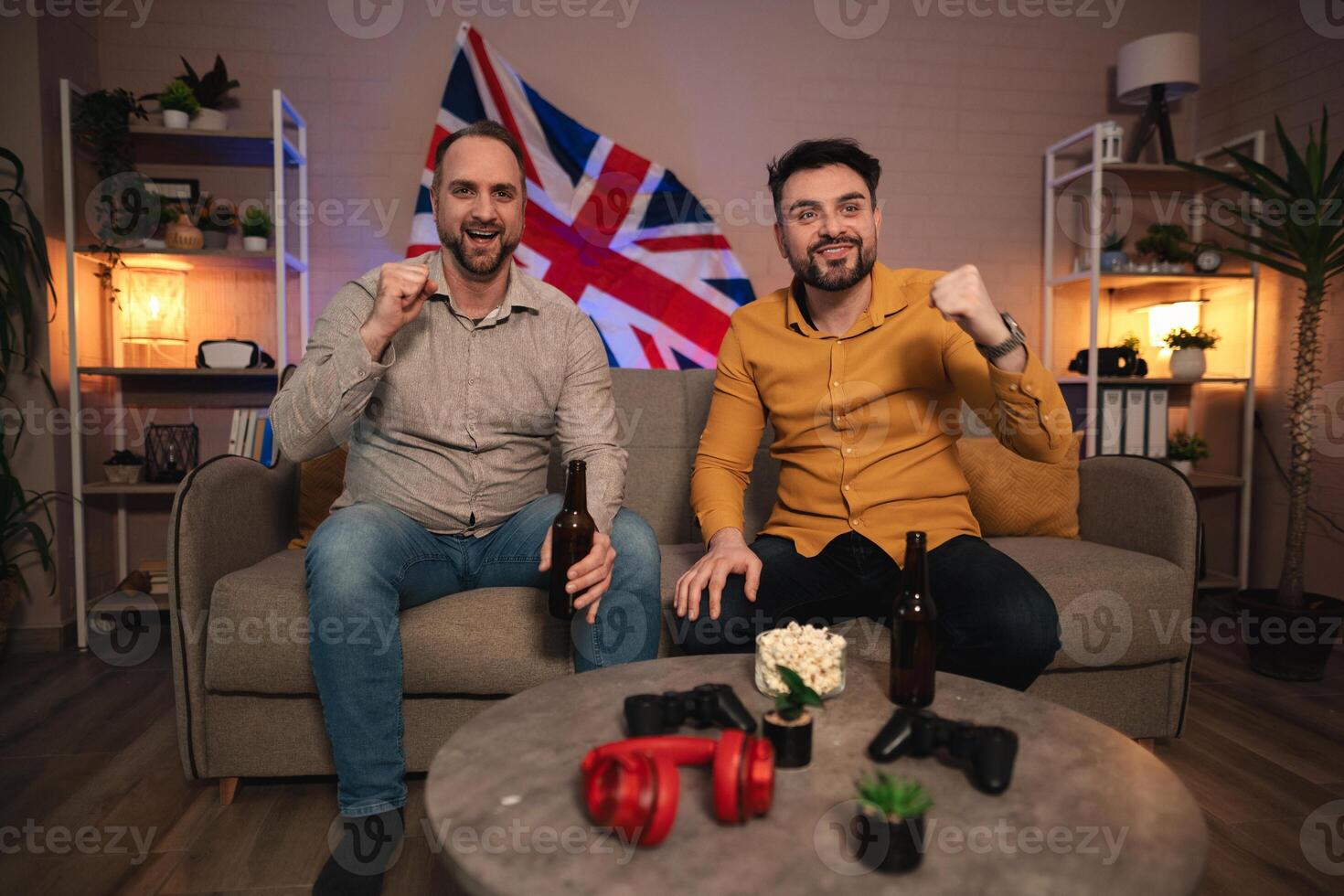 Friends enjoying a thrilling game night in a cozy living room with a British flair on a vibrant weekend evening photo