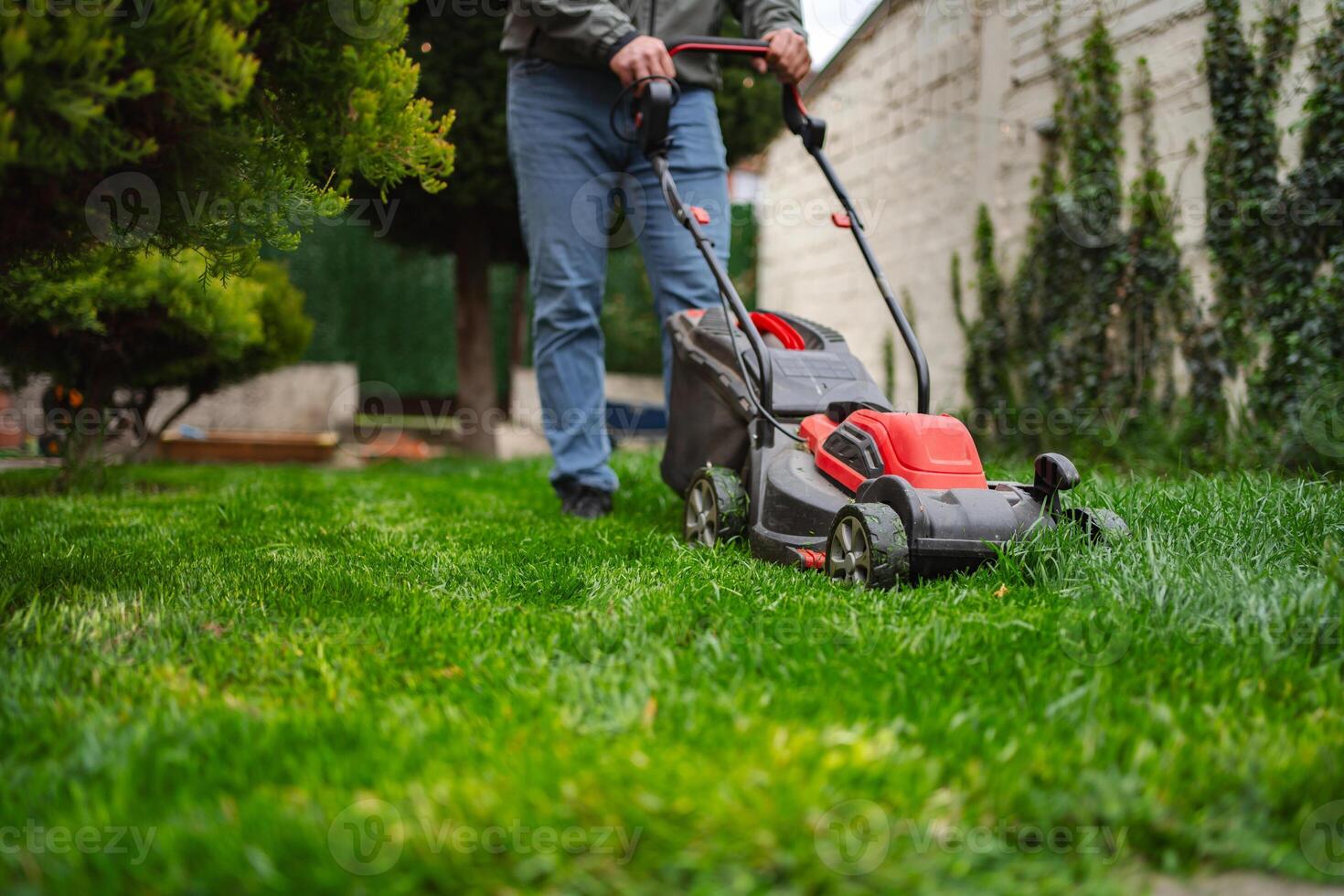 Mowing the lush green lawn on a sunny afternoon in a charming backyard garden setting photo