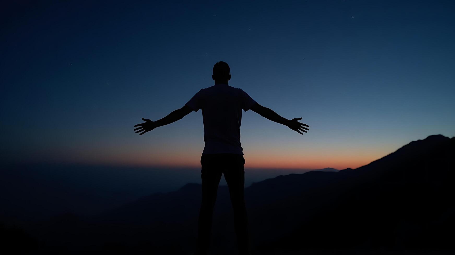 Man standing on top of mountain with arms outstretched photo