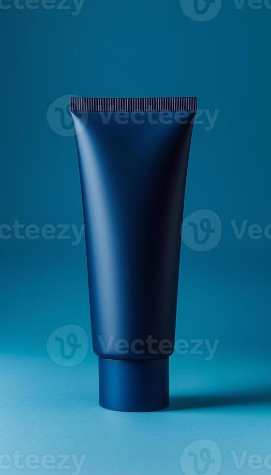 Blank blue matte tube facial wash container skincare, solid story background photo