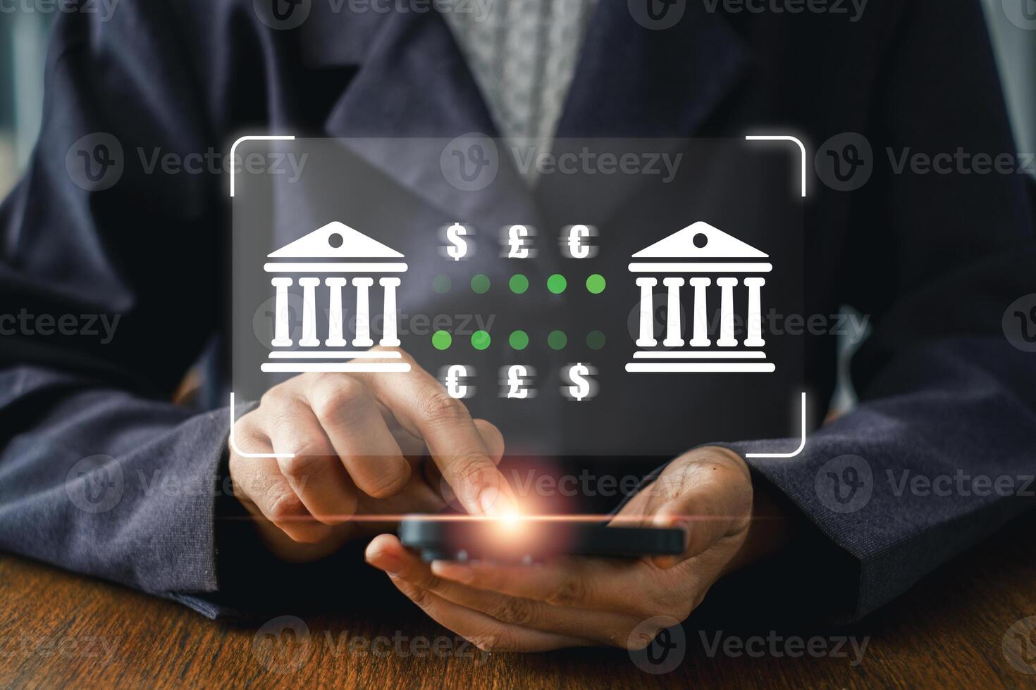 A person using a smartphone for secure online banking, featuring a digital interface symbolizing modern financial transactions. photo