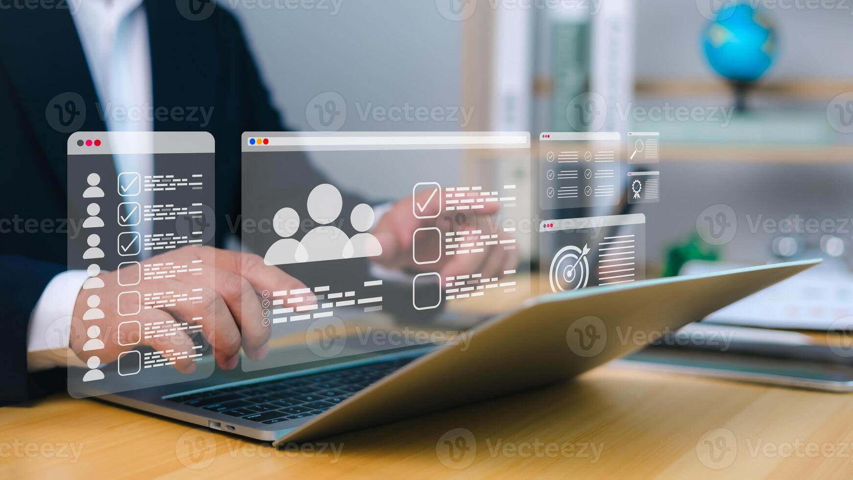 Recruiting and HR management enhanced via digital workflow on laptop with holographic checklists, user profiles, and target icons for CRM and task automation. photo