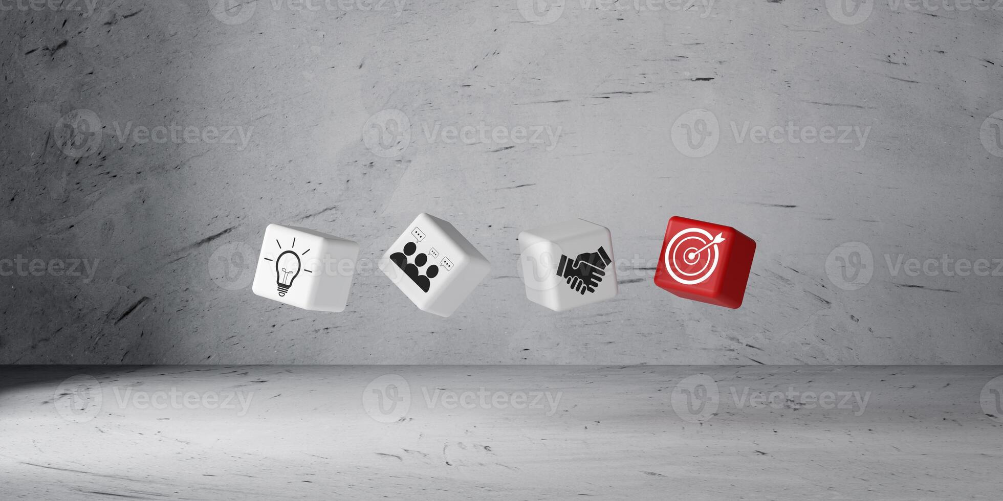 Target, teamwork, business, and handshake icons on floating 3D cubes symbolize innovation, teamwork, idea sharing, and success against a concrete wall background. photo