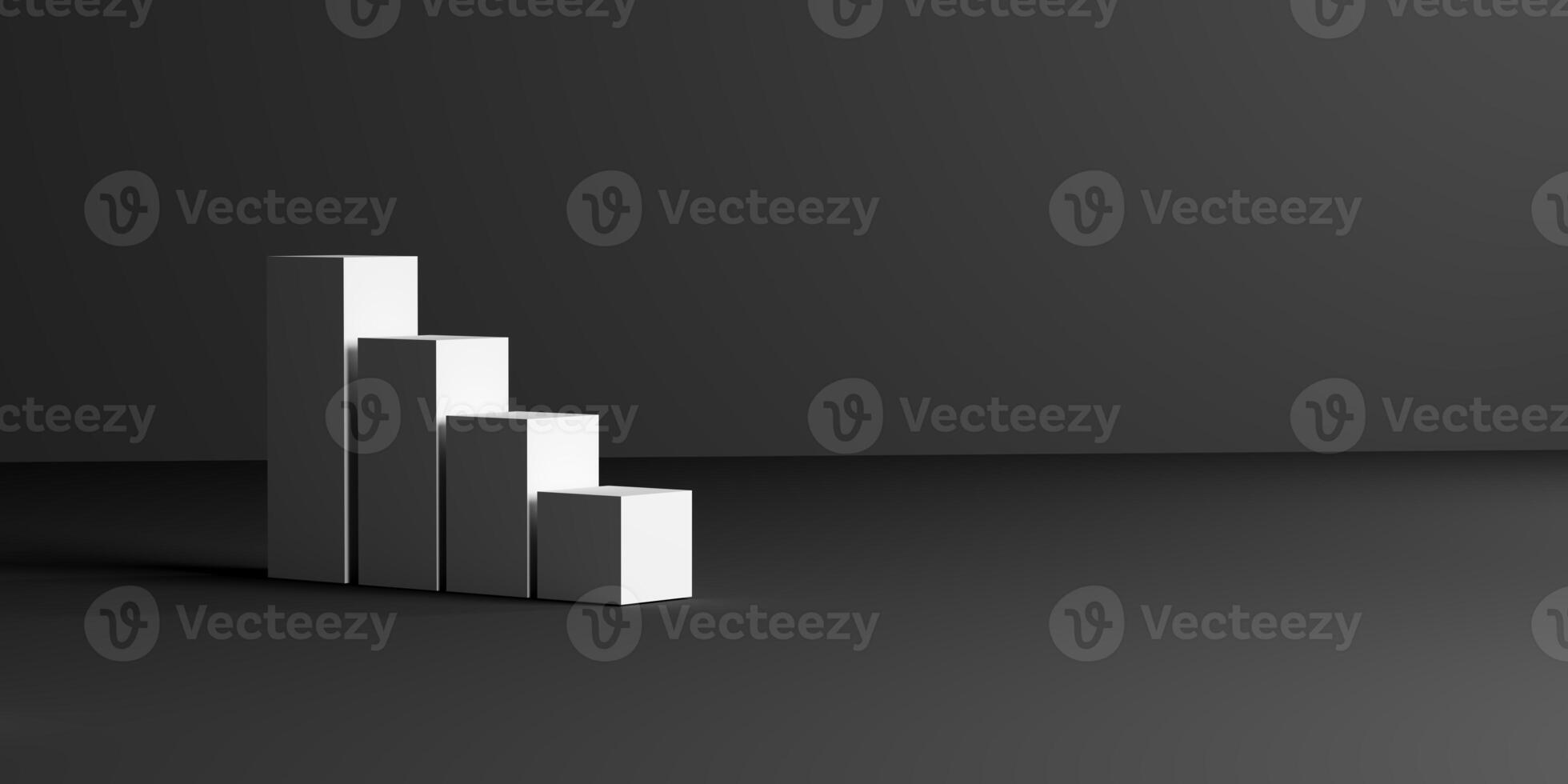 Uptrend or downtrend set on a dark grey to black minimalist studio background, represented by an upward scrolling white columnar bar chart. 3D render visualizing market trend or challenging business photo