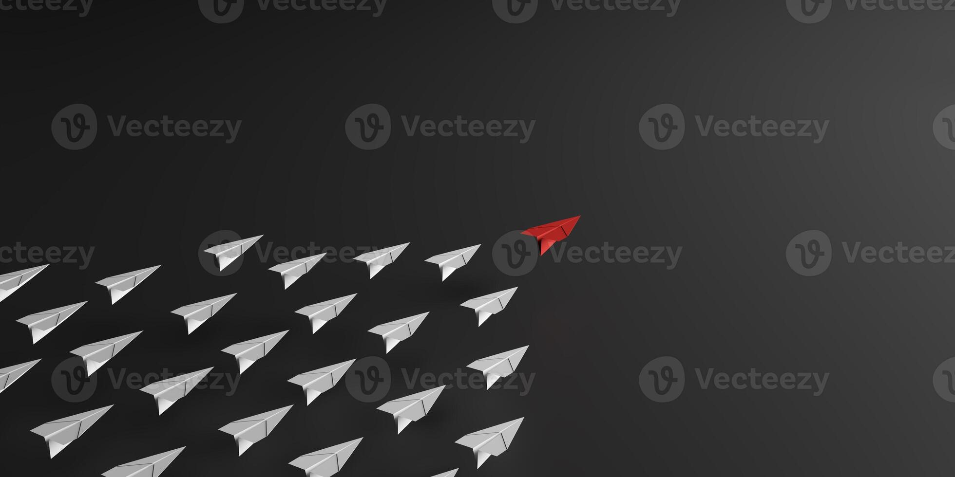Leadership, innovation, standing out, individuality, unique vision, breaking from conformity, business success. Red paper airplane leads a group of white plains on dark background, 3d render. photo