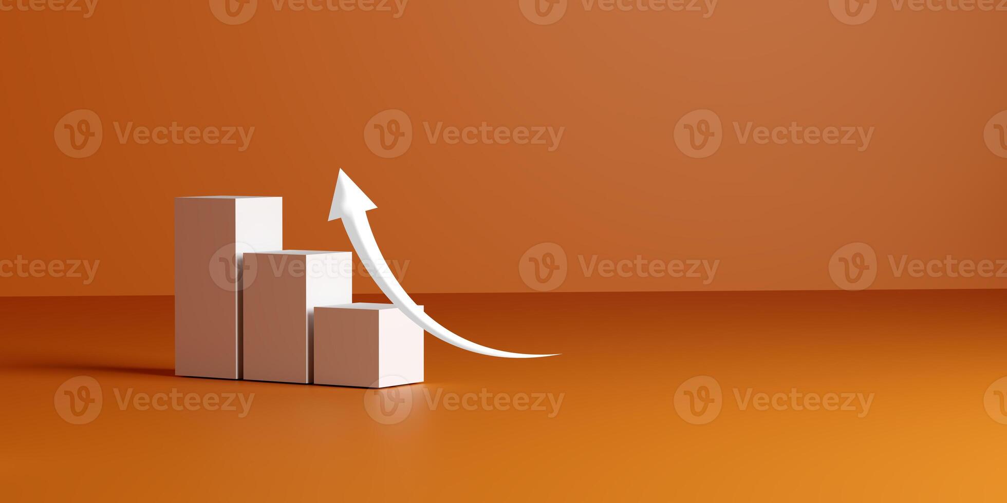 Growth visualized by a white upward curving arrow emerging from rising bar columns on a warm orange background, symbolizing business success, financial progress, upward trends, and positive trends. photo