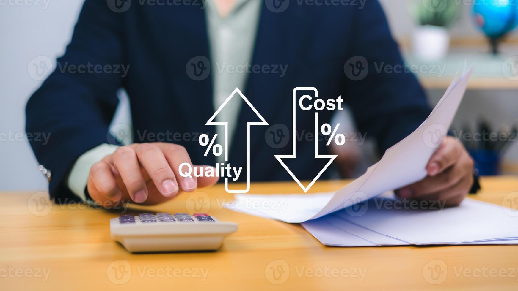 Cost management strategy illustrated by a businessman analyzing documents and using a calculator to balance lower costs with higher quality performance. photo