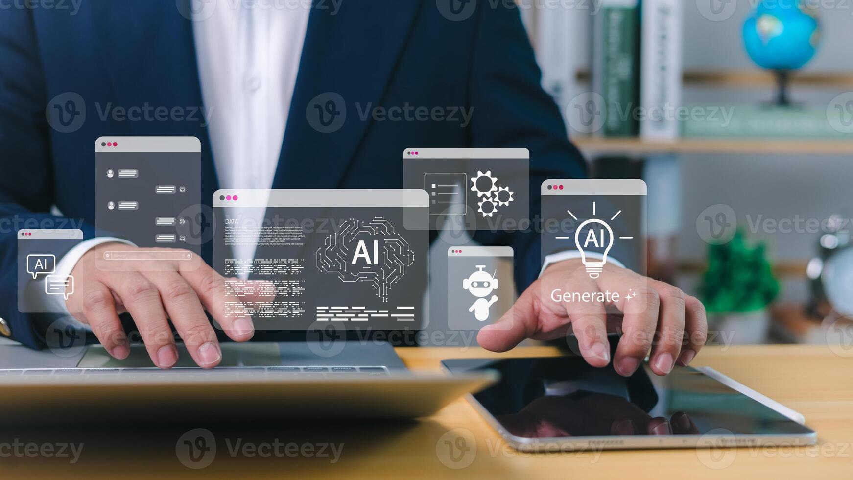 AI, Artificial intelligence software used by businessman for content generation, automation, and chatbot development on digital devices in modern office. photo