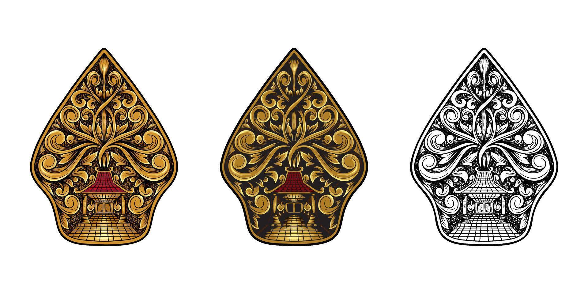 Javanese Puppet , Traditional Indonesian Art with Floral Frame, Mountain Shadow, and Symbolic Design vector