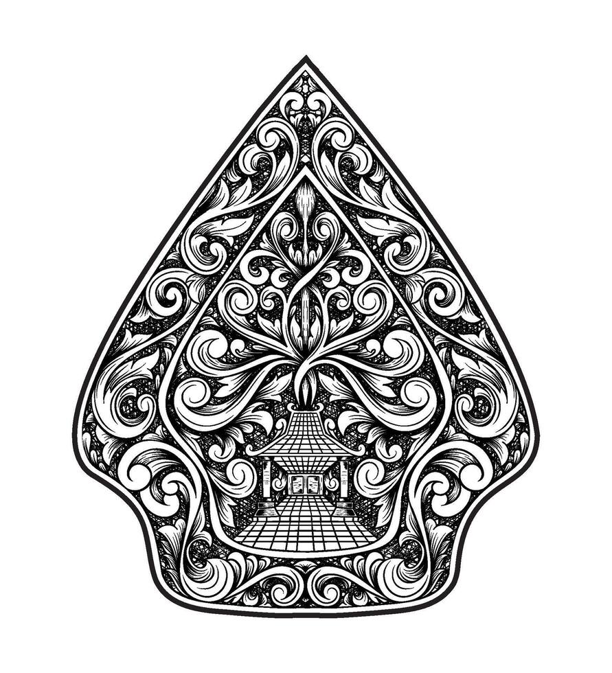 Wayang Gunungan Icon Indonesian Javanese Puppet with Floral Pattern and Gold Shadow Design vector
