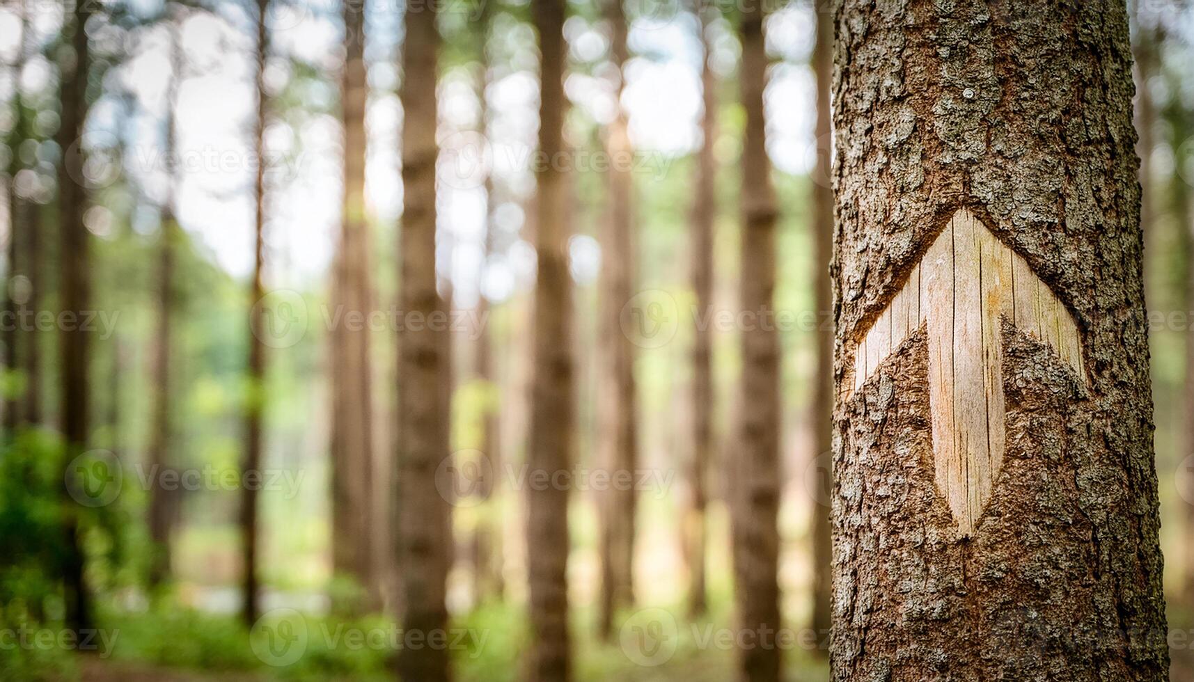 Arrow carved in trunk of tree in the woods. Beautiful nature. photo