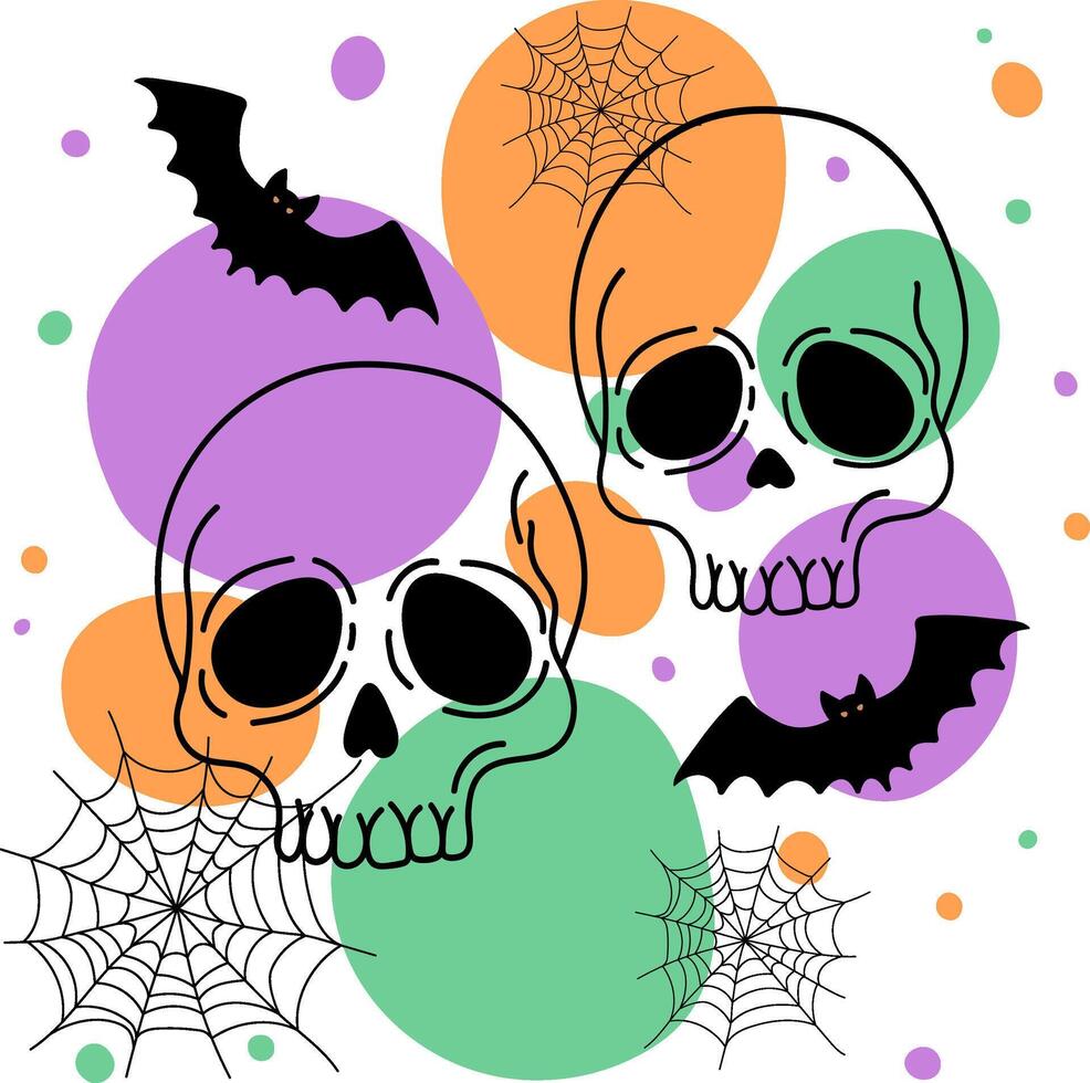 creepy cartoon skulls with flying bats and cobwebs on vibrant circles for festive october decorations polka dots spooky graphic design components vector
