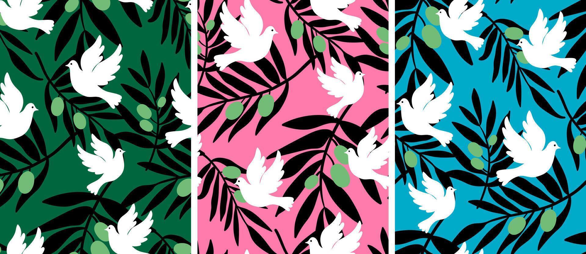 vibrant repeat backgrounds set with symbolic birds and leaves ideal for diverse print and web projects peace day patterns vector