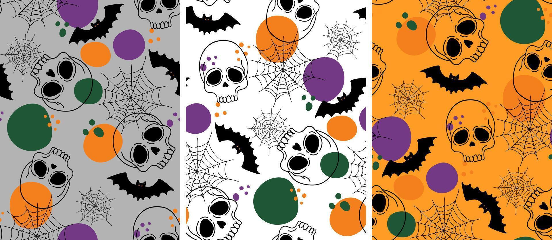 three spooky repeat patterns featuring creepy skulls flying bats and cobwebs ideal for festive October designs seamless pattern set vector