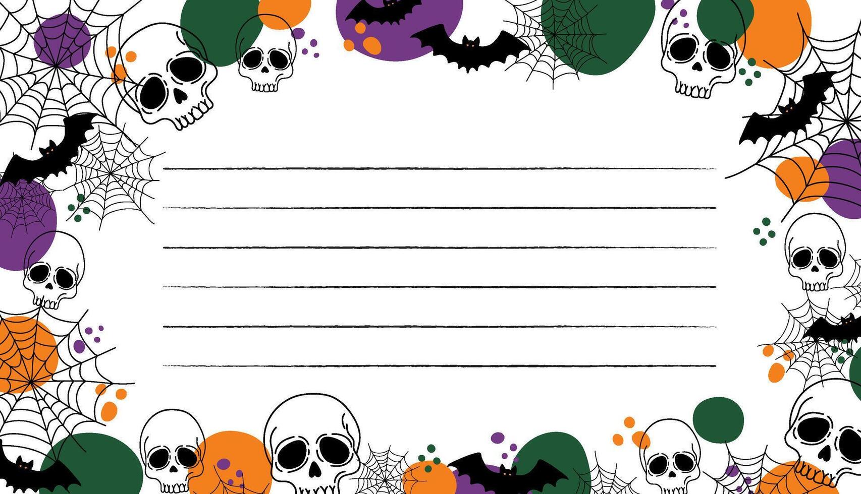 halloween invitation card template with spooky skulls bats and spiderwebs on colorful polka dot border festive october party greeting frame vector