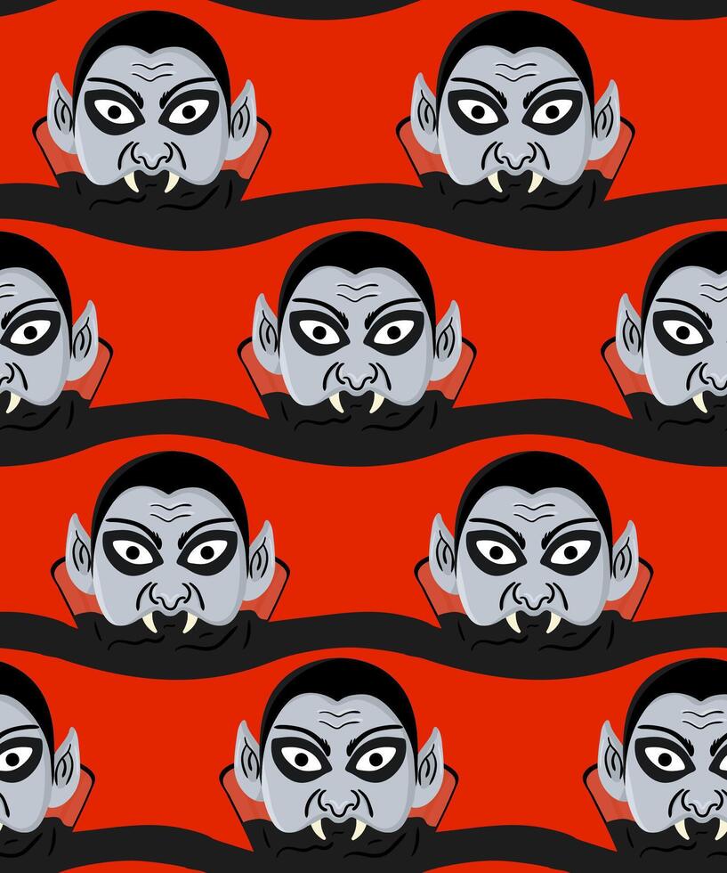 creepy vampire face repeat design for gothic holiday themes scary party decorations halloween seamless pattern red background cartoon dracula heads vector
